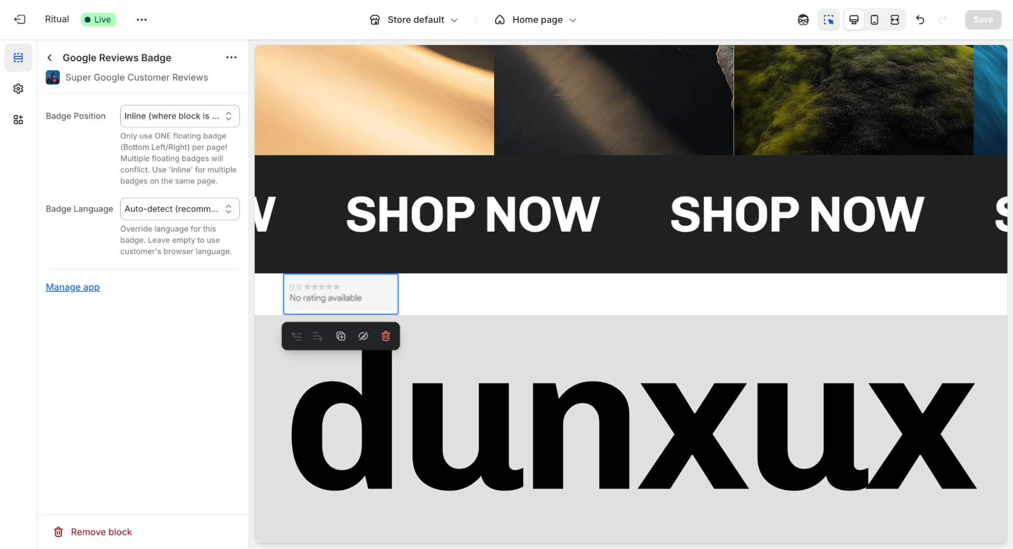 Google Reviews Badge configuration panel showing position and language settings with a Save button highlighted